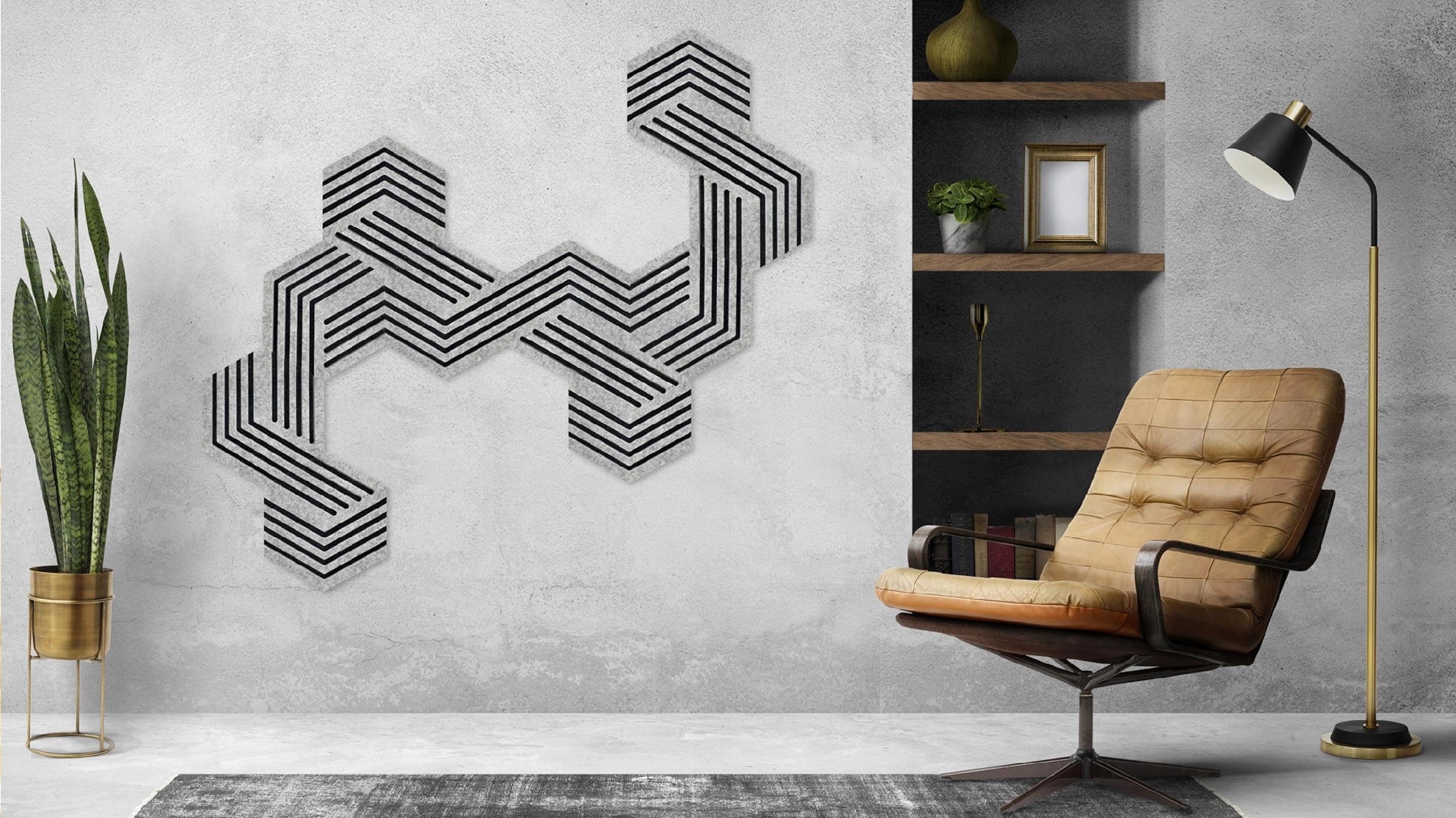 Decorative 3D Felt Wall Tiles DECO1 composition on grey wall Decormania UK